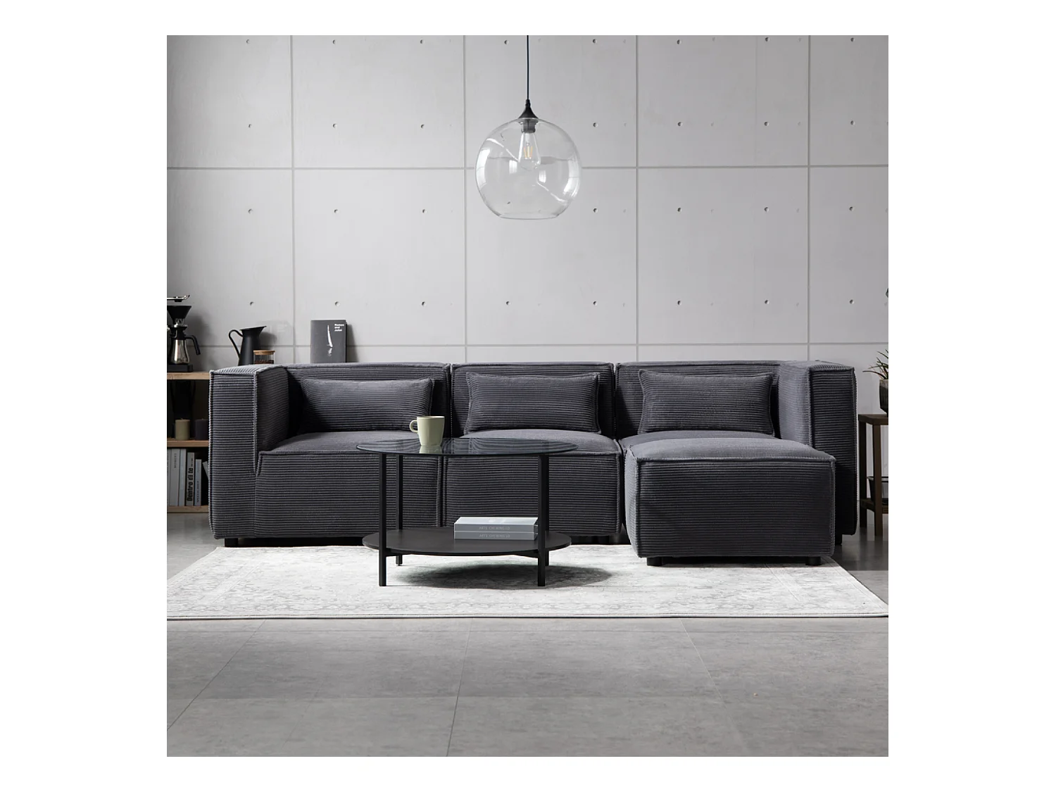 Canapé modulable 3 places velours côtelé gris avec pouf MODULAR