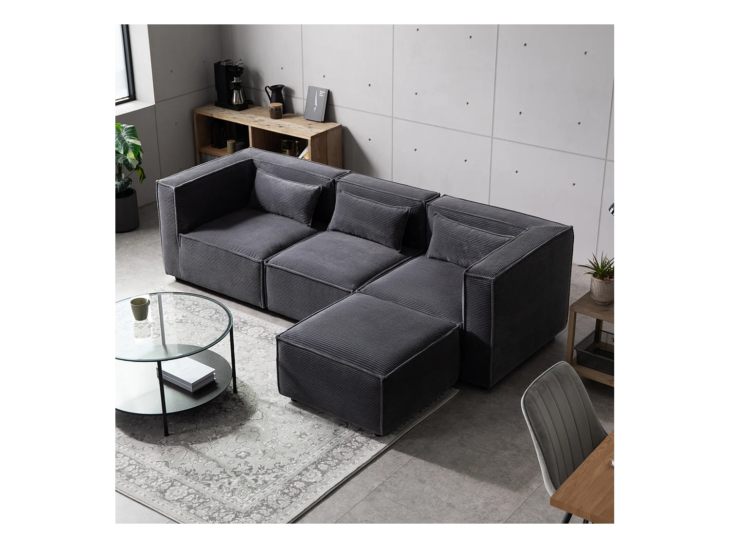Canapé modulable 3 places velours côtelé gris avec pouf MODULAR