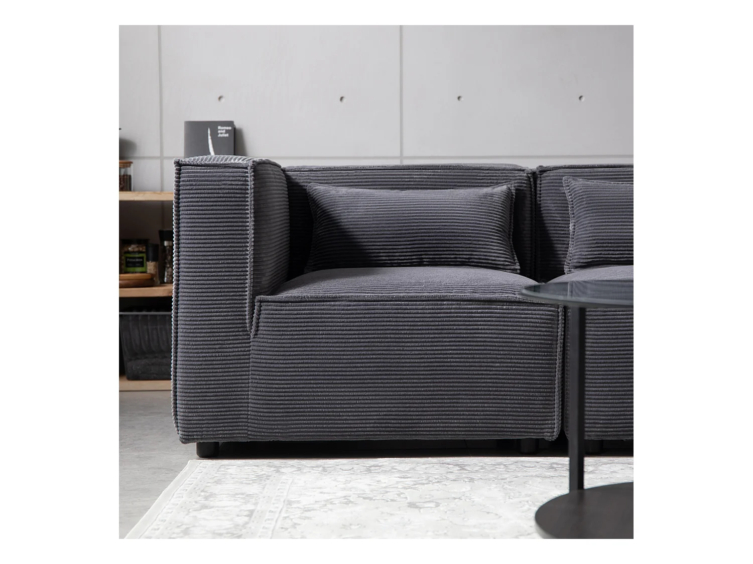 Canapé modulable 3 places velours côtelé gris avec pouf MODULAR