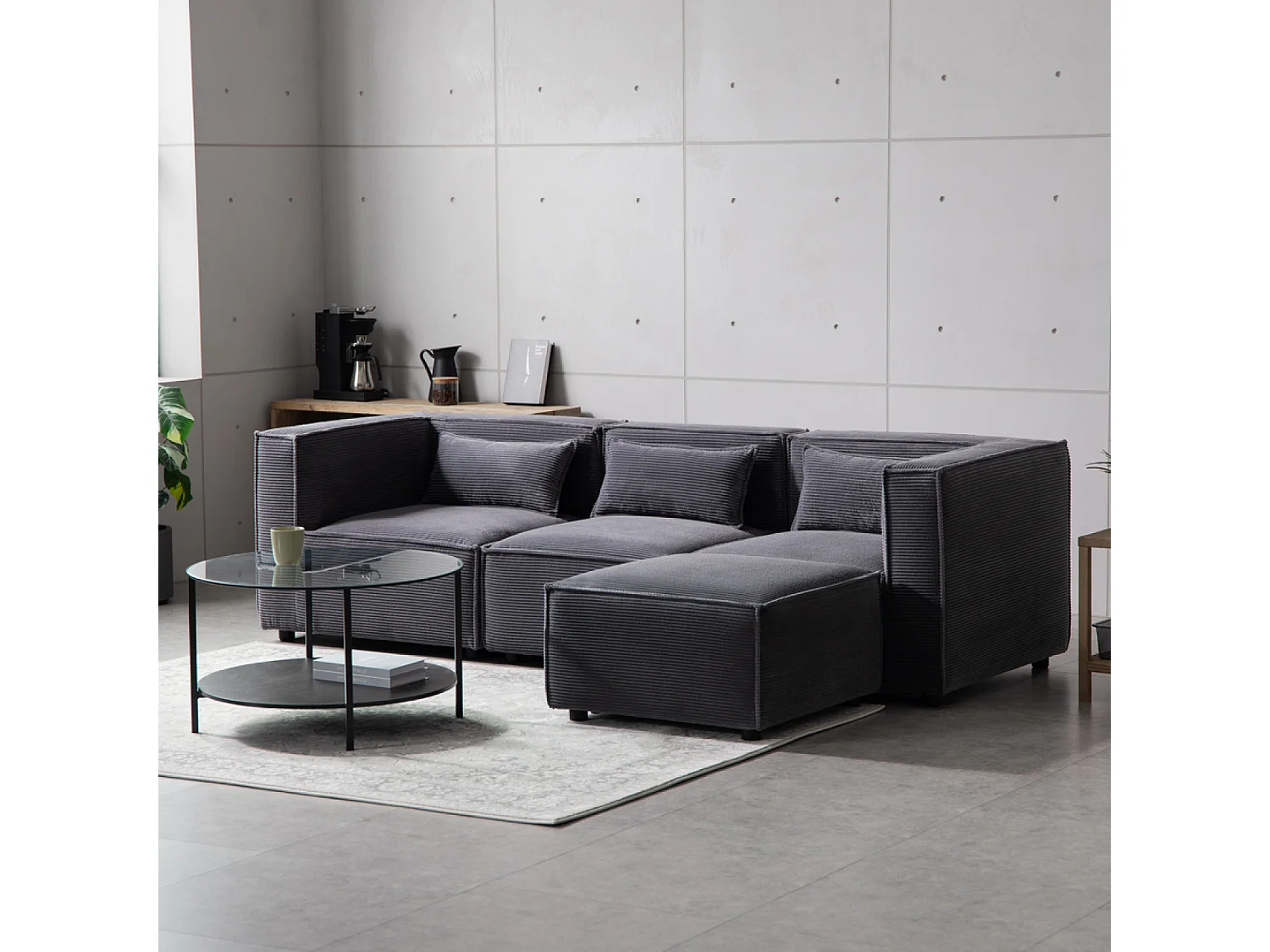 Canapé modulable 3 places velours côtelé gris avec pouf MODULAR
