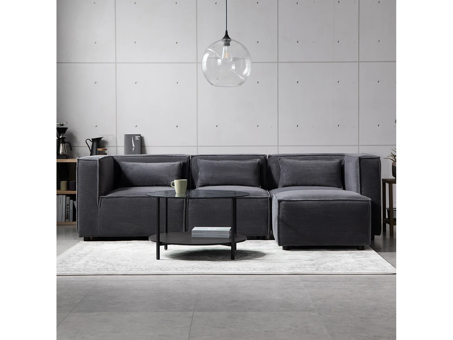 Canapé 3 places modulable velours côtelé gris avec pouf MODULAR
