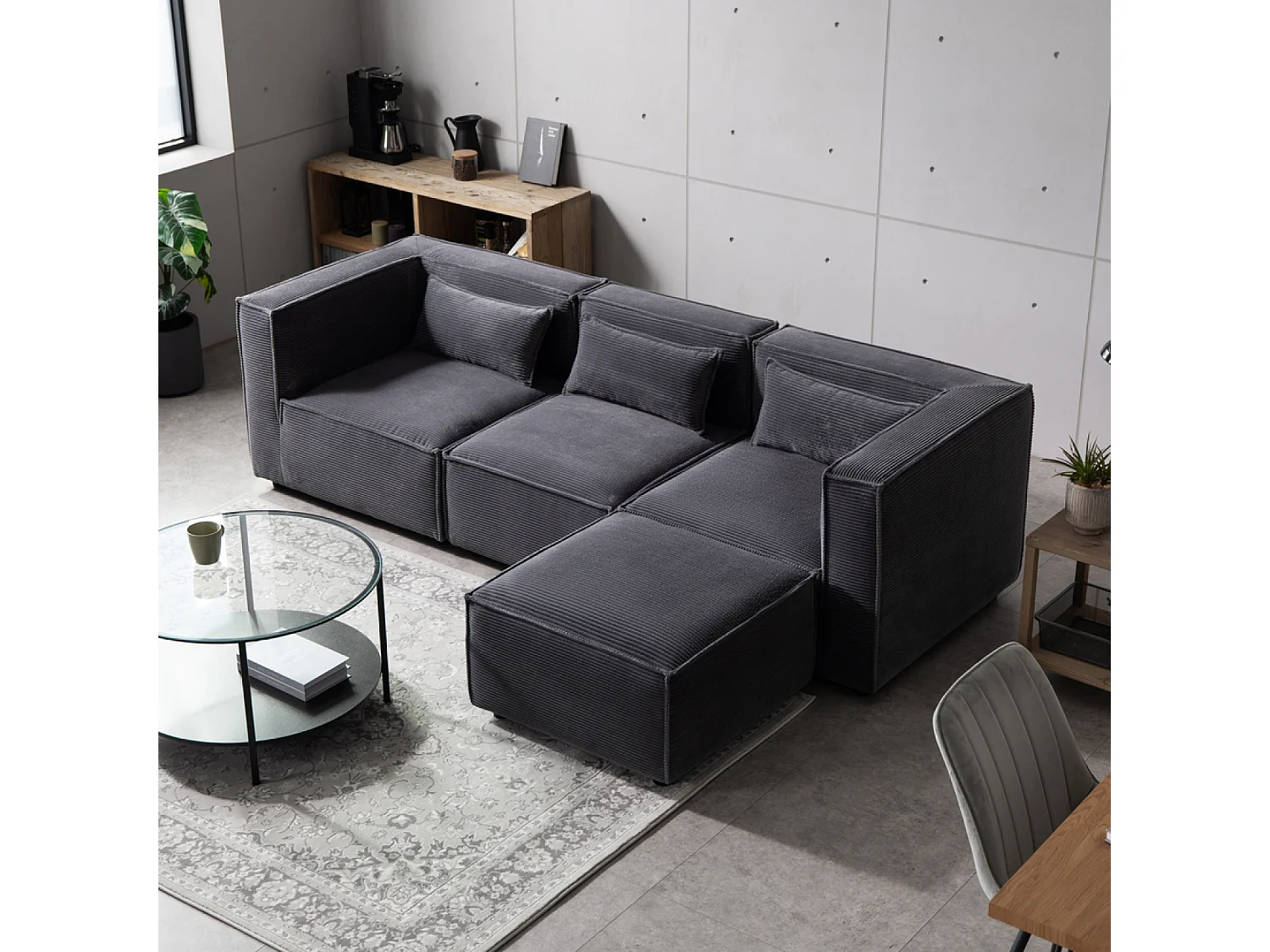 Canapé 3 places modulable velours côtelé gris avec pouf MODULAR