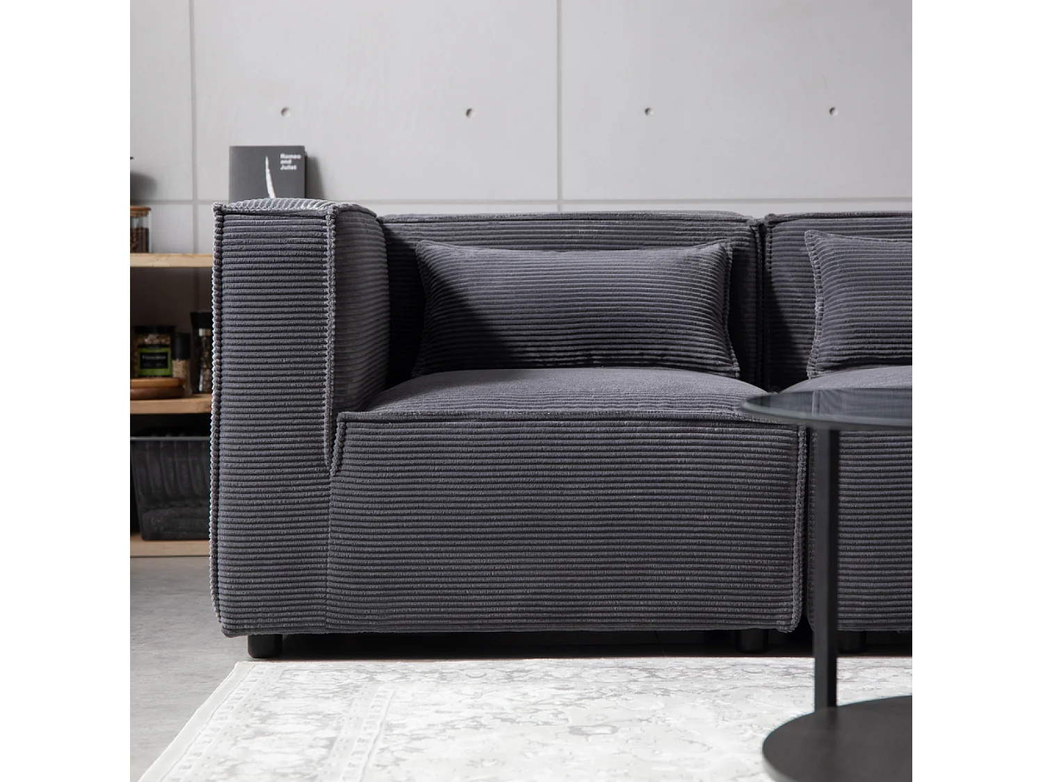 Canapé 3 places modulable velours côtelé gris avec pouf MODULAR