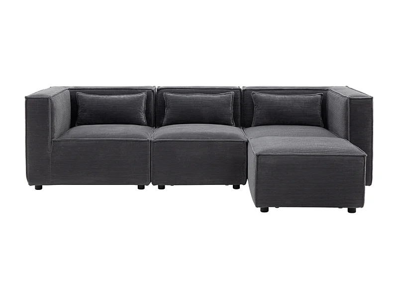 Sofá Modular de 3 Lugares em Veludo Cotelê Cinza com Pufe - Confortável e Flexível