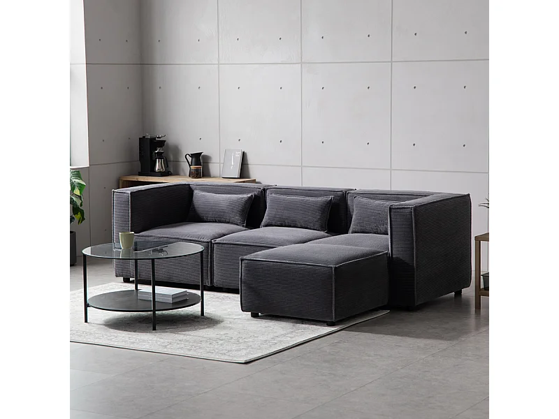 Canapé modulable 3 places velours côtelé gris avec pouf MODULAR