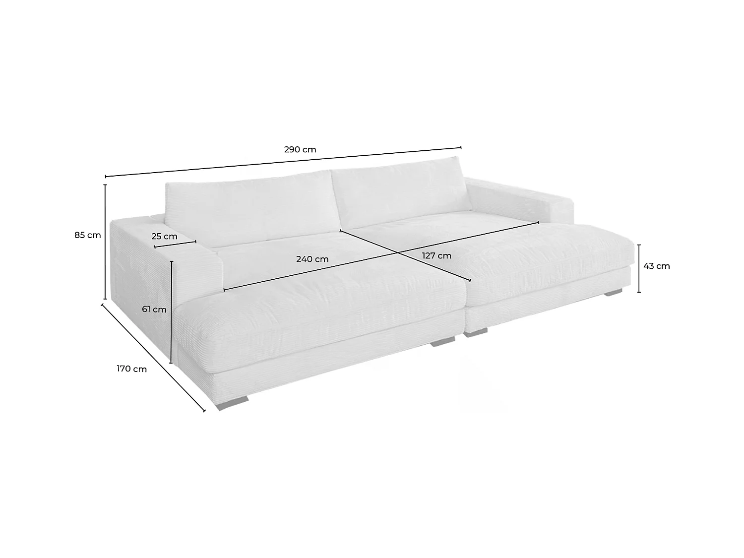 Canapé extra large - taupe Velours côtelé - MADELINE