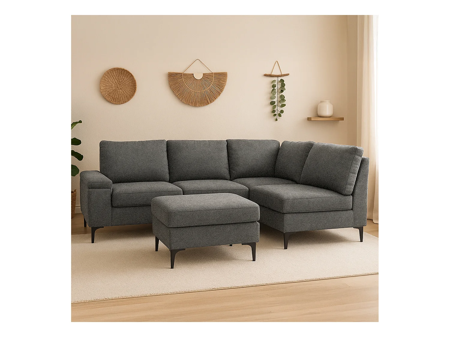 Canapé d'angle 4-5 places en tissu chenille gris anthracite avec pouf COLCHESTER