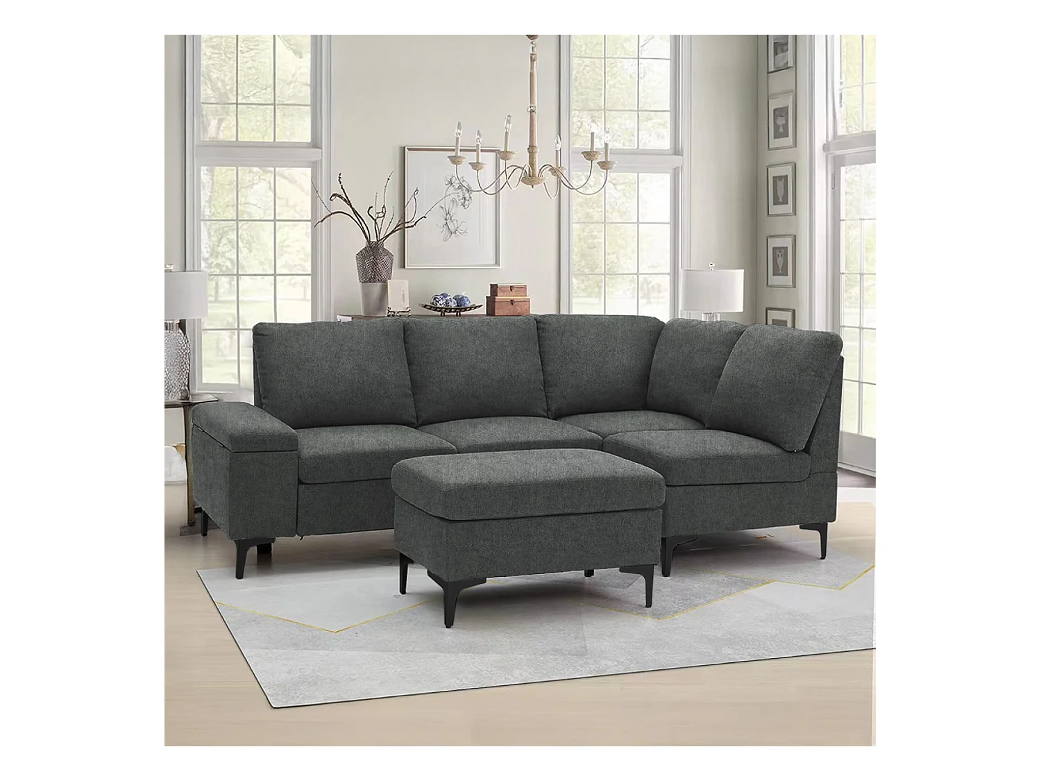 Canapé d'angle 4-5 places en tissu chenille gris anthracite avec pouf COLCHESTER