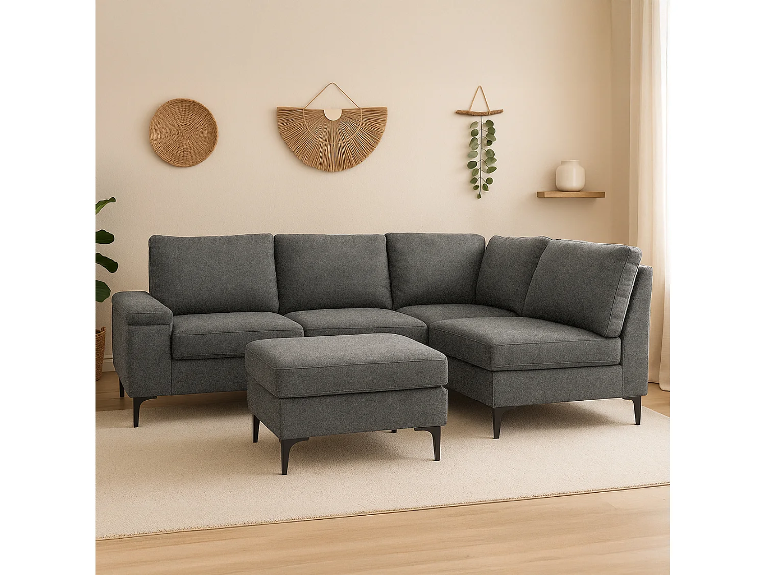 Sofá de canto 4/5 lugares em chenille cinza antracite com pufe KONEKT 3 lugares - Confortável, modular e elegante