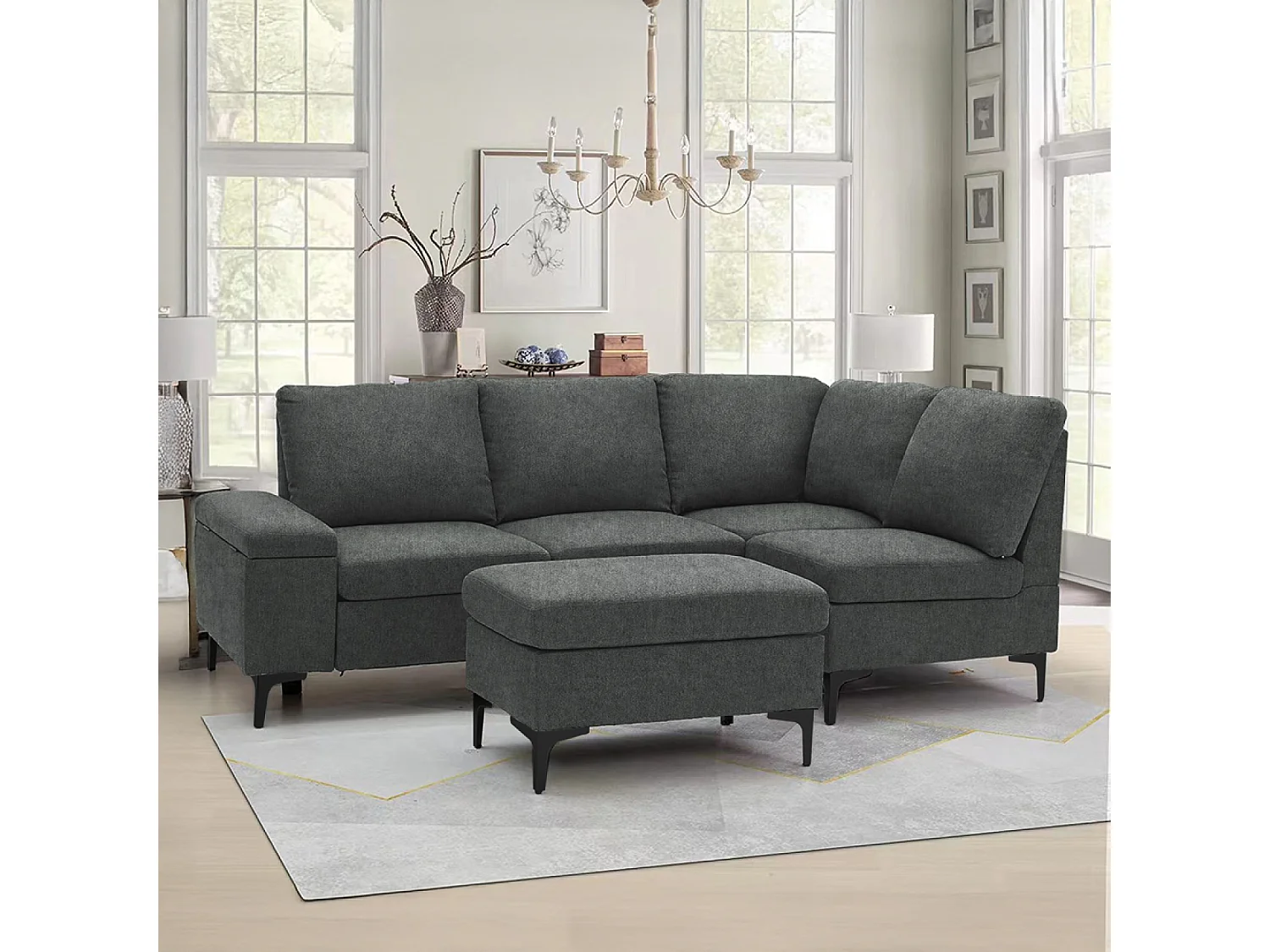 Sofá de canto 4/5 lugares em chenille cinza antracite com pufe KONEKT 3 lugares - Confortável, modular e elegante