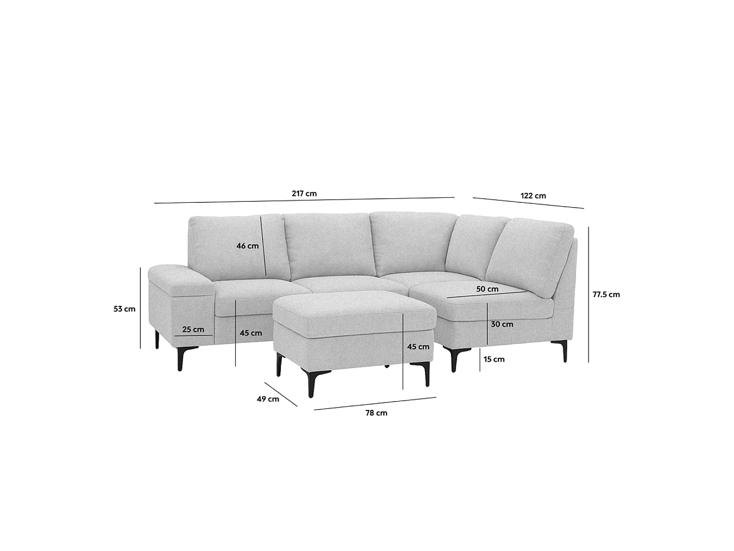 Sofá de canto 4/5 lugares em chenille cinza antracite com pufe KONEKT 3 lugares - Confortável, modular e elegante