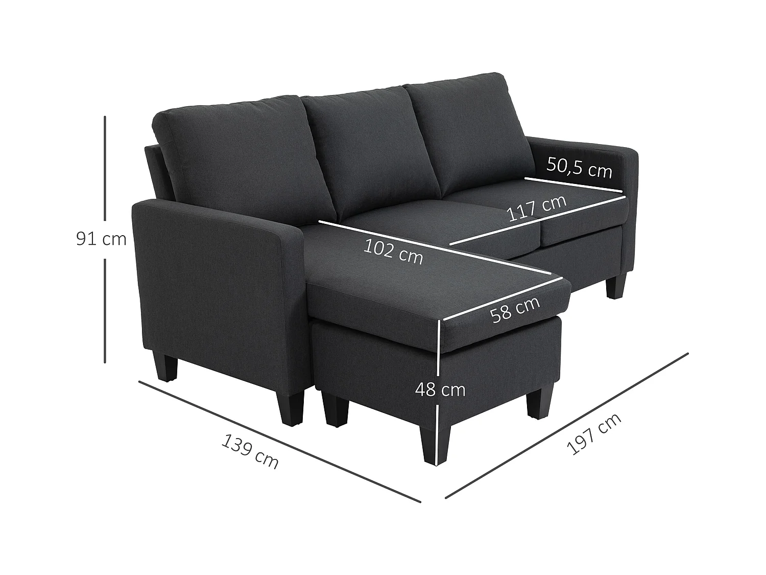 Canapé d'angle reversible 3 places en lin gris foncé - 197x139x91cm