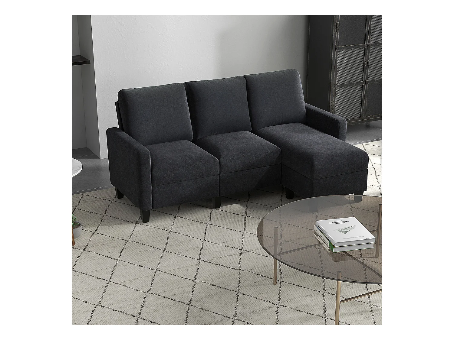 Canapé d'angle reversible 3 places en lin gris foncé - 197x139x91cm