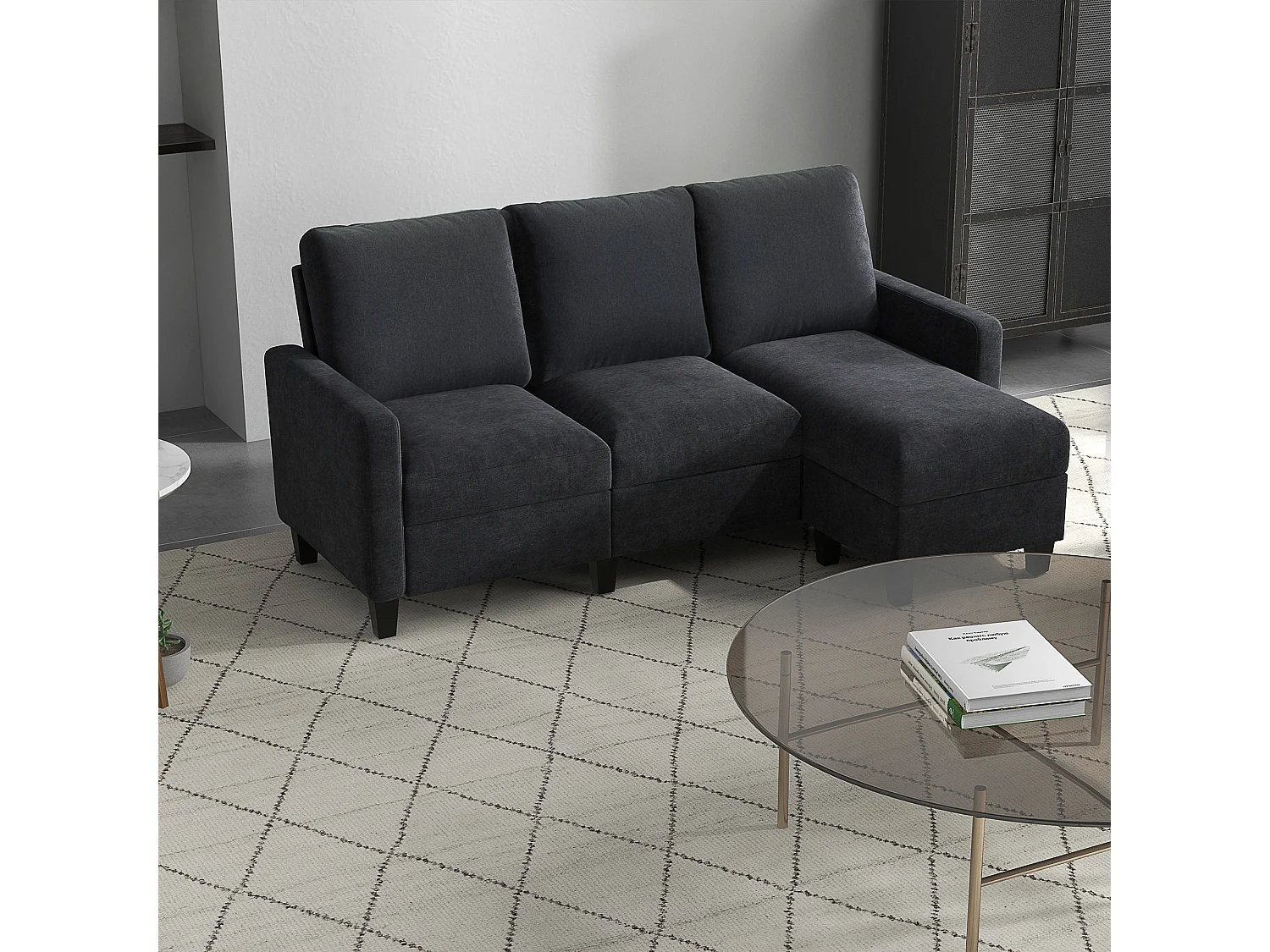 Canapé d'angle reversible 3 places en lin gris foncé - 197x139x91cm