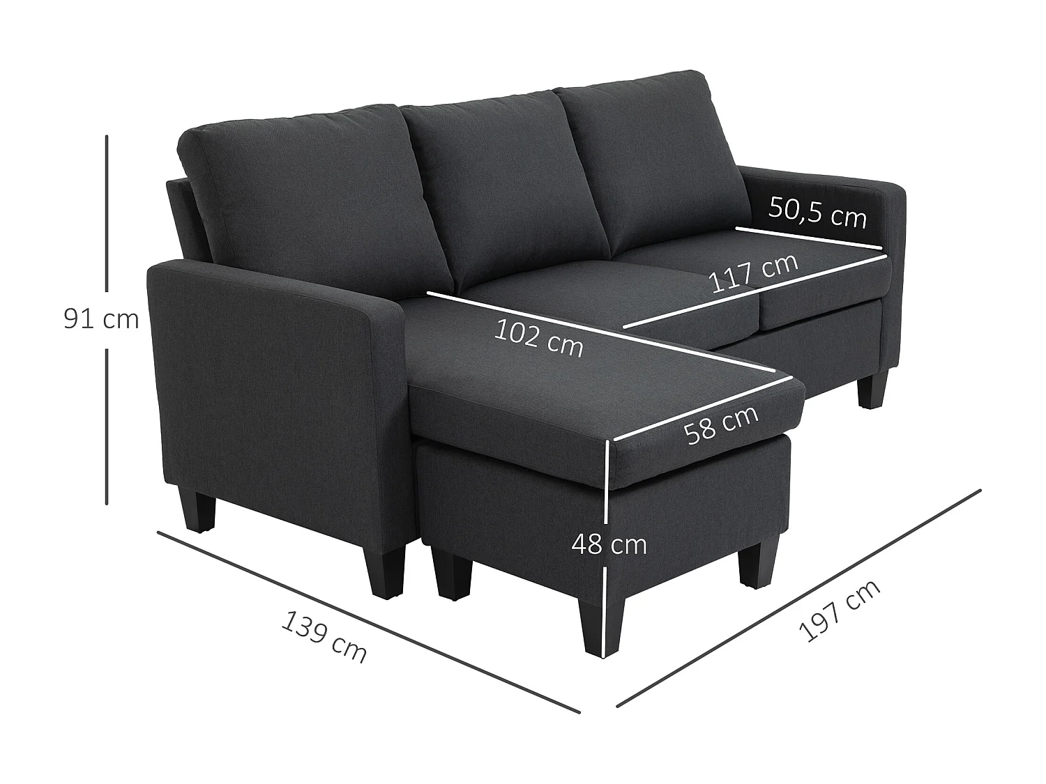 Canapé d'angle reversible 3 places en lin gris foncé - 197x139x91cm