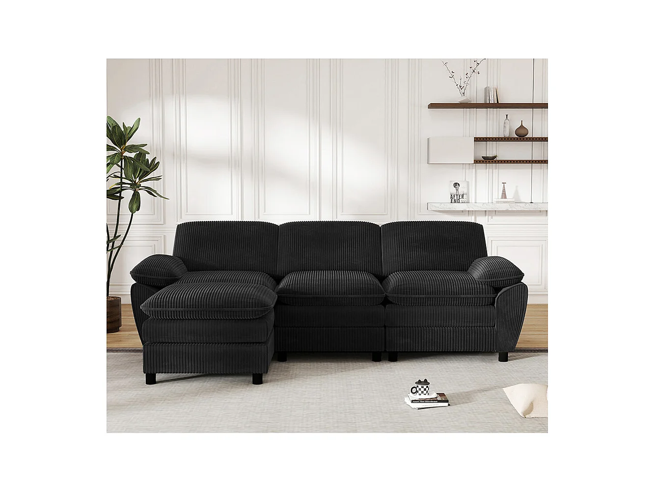 Canape d'angle combiné modulaire noir canapé à double coussin canapé combiné en velours avec lampe et pouf ottoman amovible