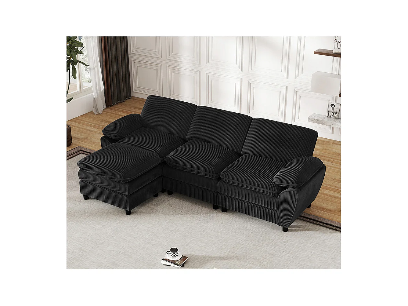 Canape d'angle combiné modulaire noir canapé à double coussin canapé combiné en velours avec lampe et pouf ottoman amovible