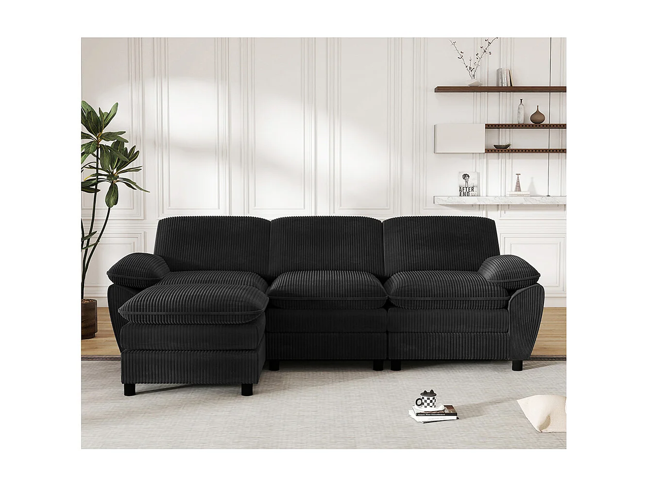 Canape d'angle combiné modulaire noir canapé à double coussin canapé combiné en velours avec lampe et pouf ottoman amovible