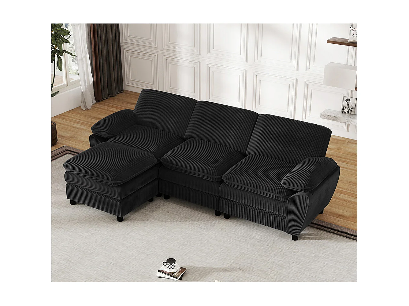 Canape d'angle combiné modulaire noir canapé à double coussin canapé combiné en velours avec lampe et pouf ottoman amovible