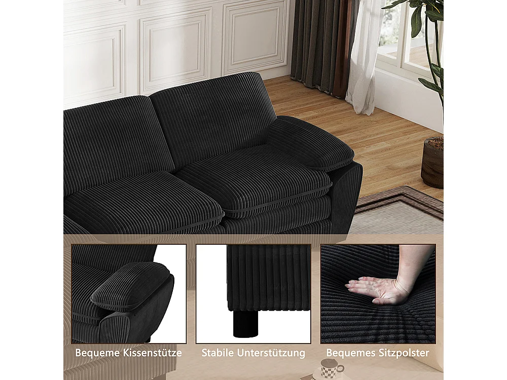 Canape d'angle combiné modulaire noir canapé à double coussin canapé combiné en velours avec lampe et pouf ottoman amovible
