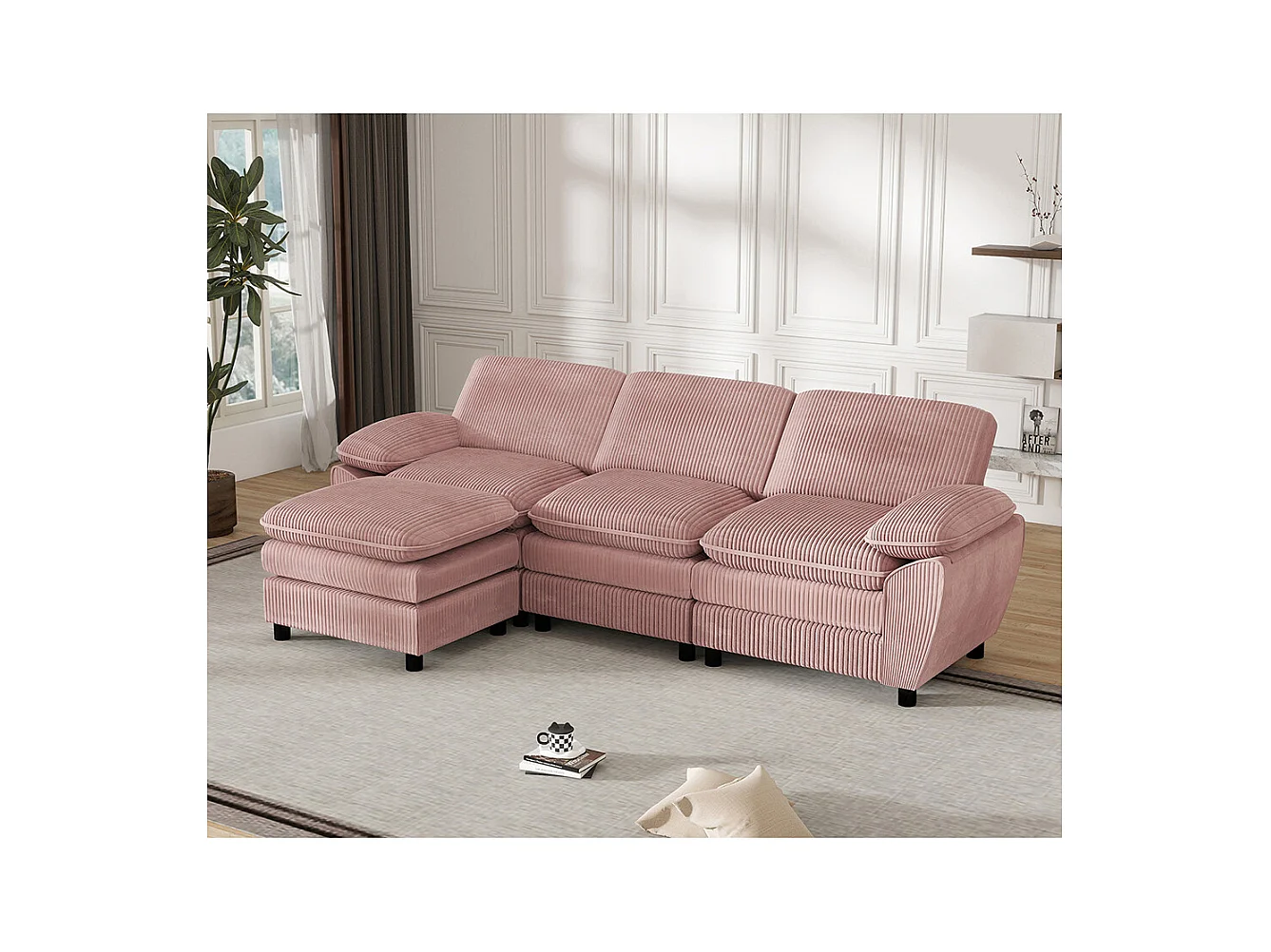 Canape d'angle combiné modulaire rose canapé à double coussin canapé combiné en velours avec lampe et pouf ottoman amovible