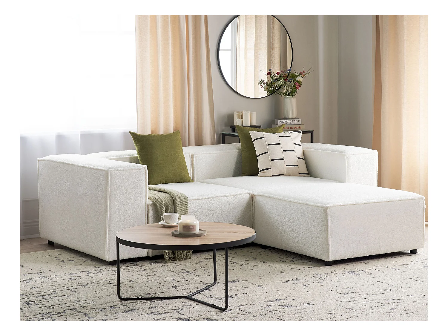 Canapé d'angle modulable 2 places ARDAL Bouclé Blanc avec ottoman