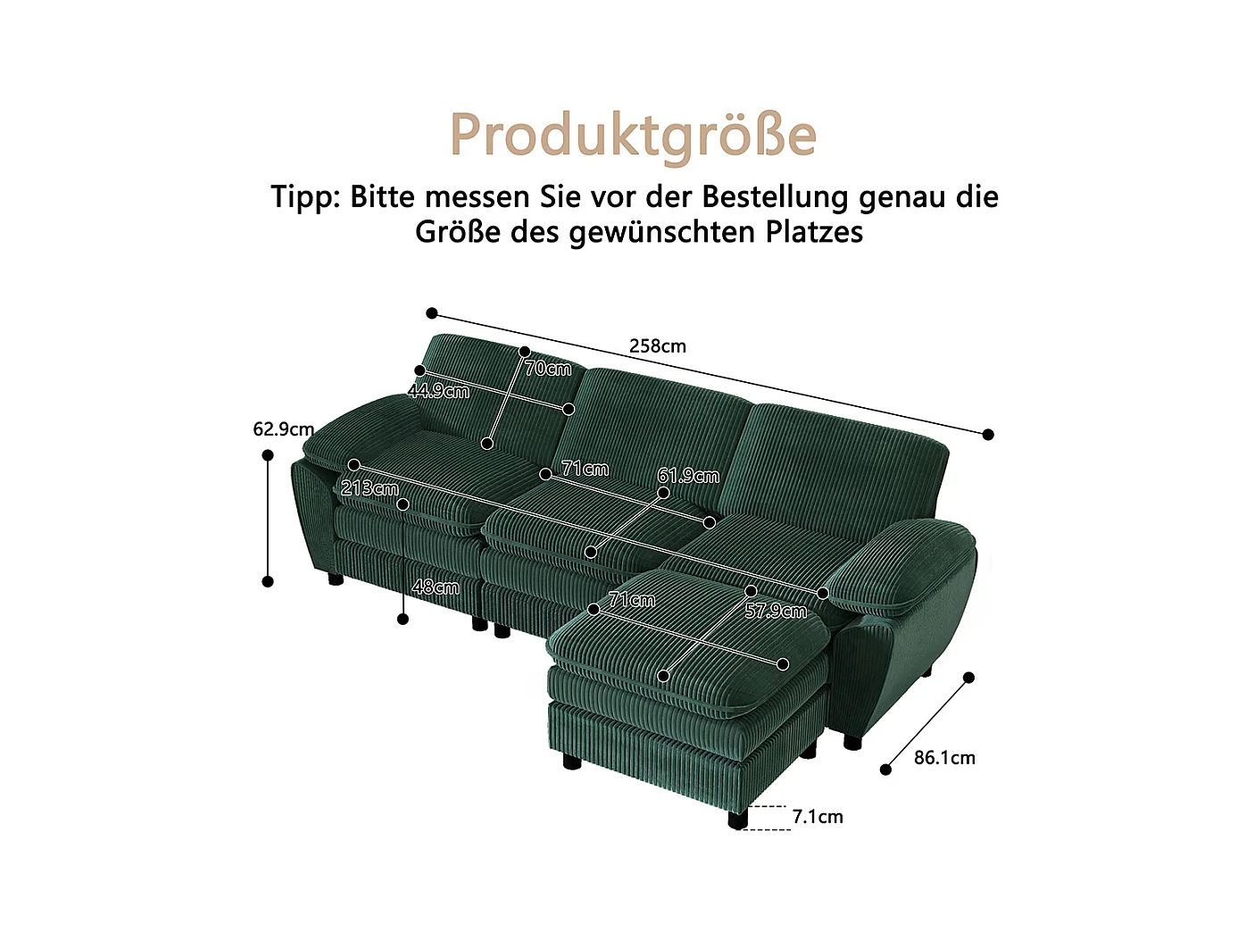 Canape d'angle combiné modulaire vert canapé à double coussin canapé combiné en velours avec lampe et pouf ottoman amovible