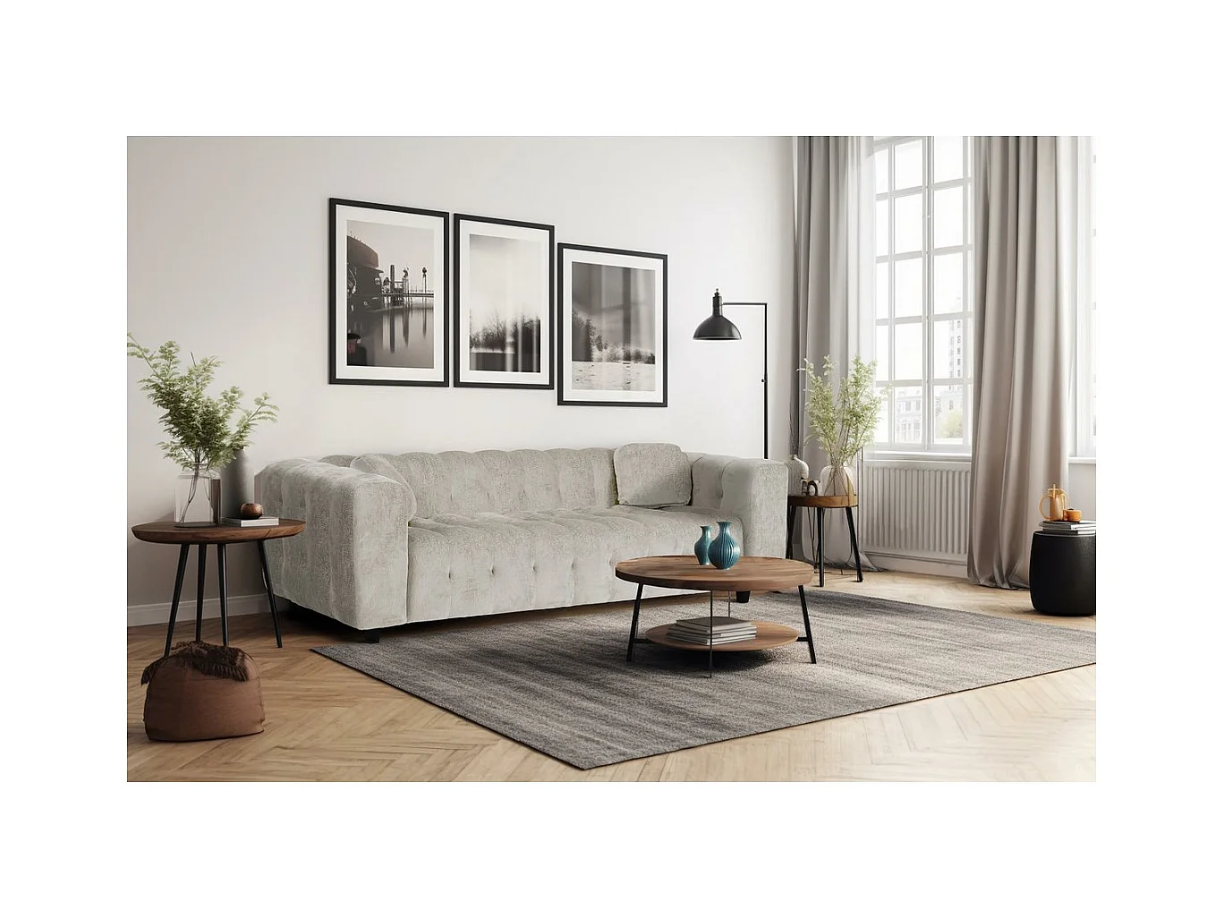 Canapé droit en tissu chenille "Vendome" - 3 places - Beige
