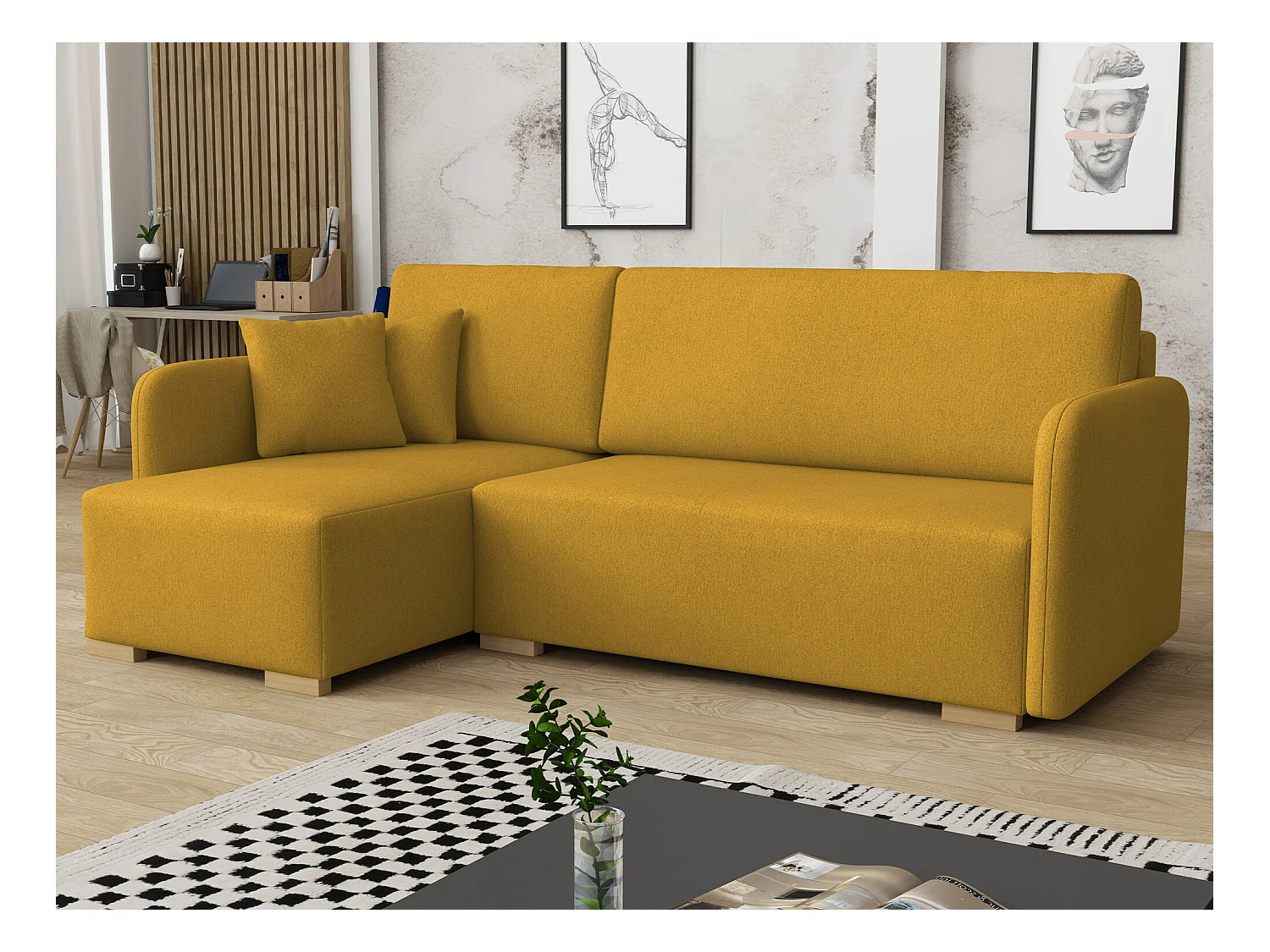 Canapé d'angle Columbus 245, Jaune, Fonction de couchage, Boîte de literie, 220x140x85cm