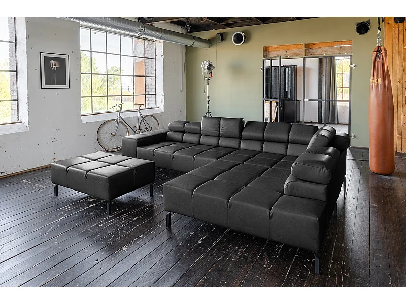 Canapé d'angle - Noir cuir - NELSON