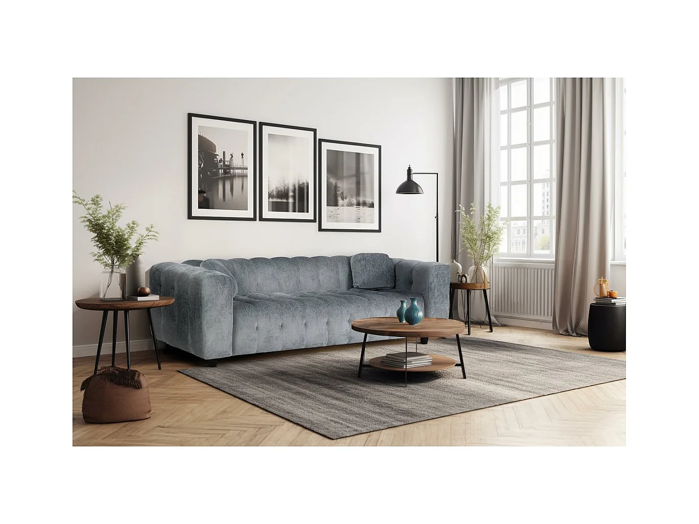 Canapé droit en tissu chenille "Vendome" - 3 places - Gris