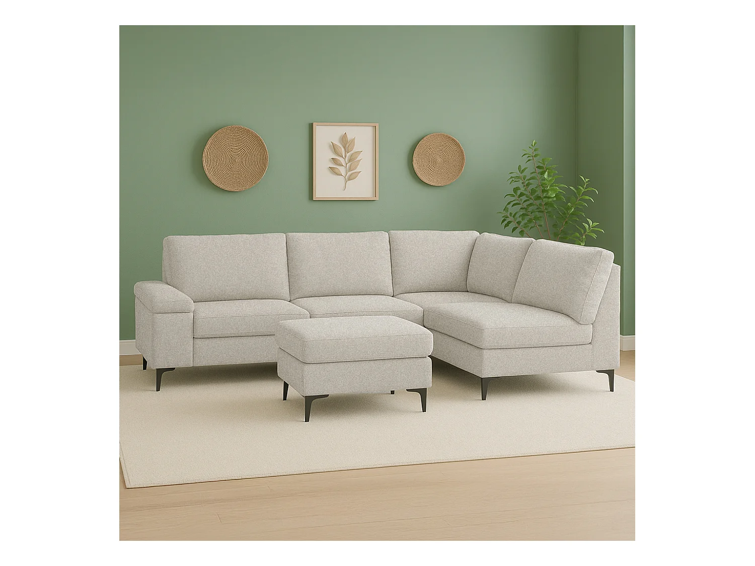 Canapé d'angle 4-5 places en tissu chenille beige avec pouf COLCHESTER