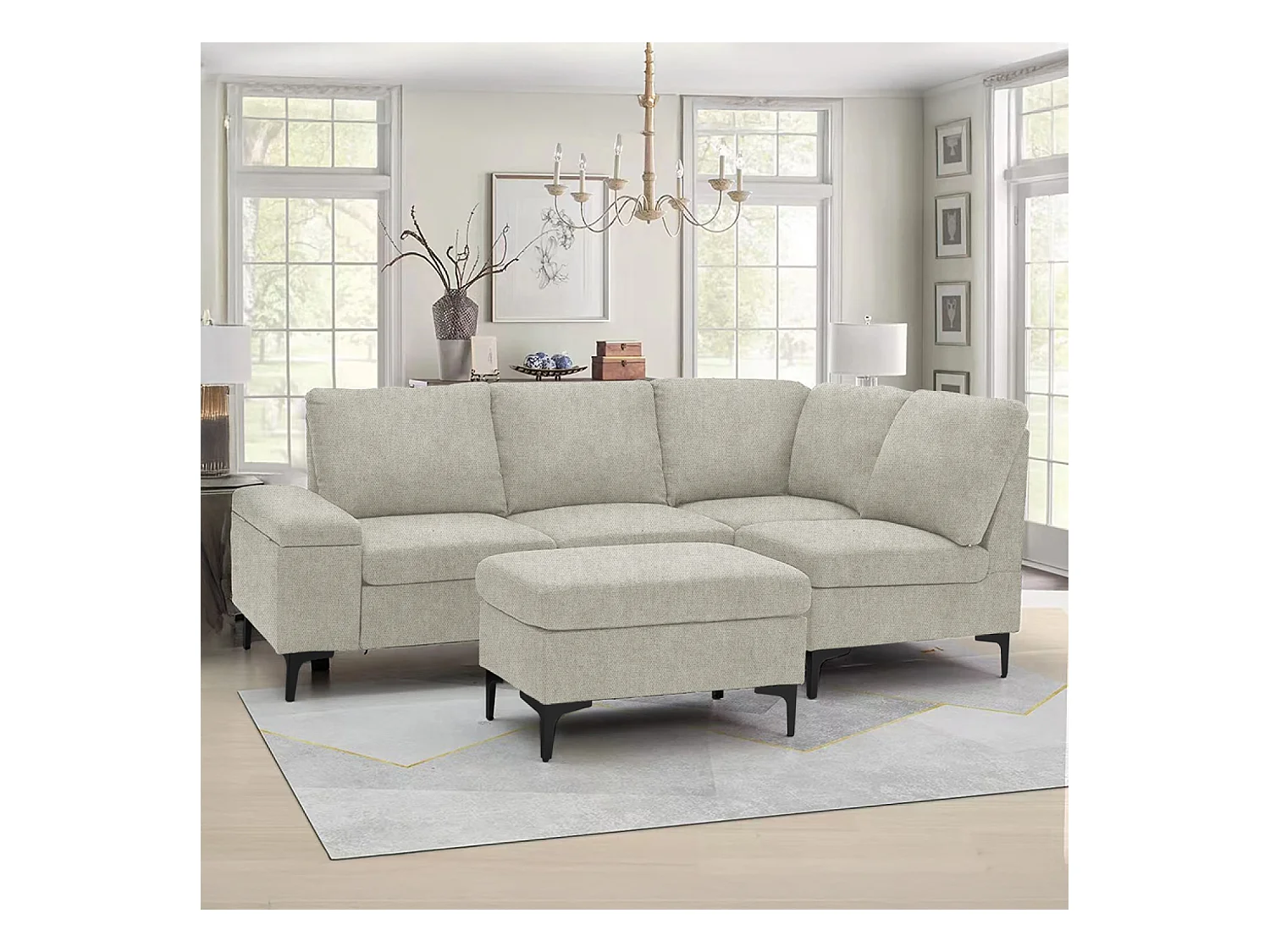 Ecksofa 4/5-Sitzer aus beigem Chenille-Stoff mit Hocker - Bequem und modern - Holz und Metall - Abnehmbar