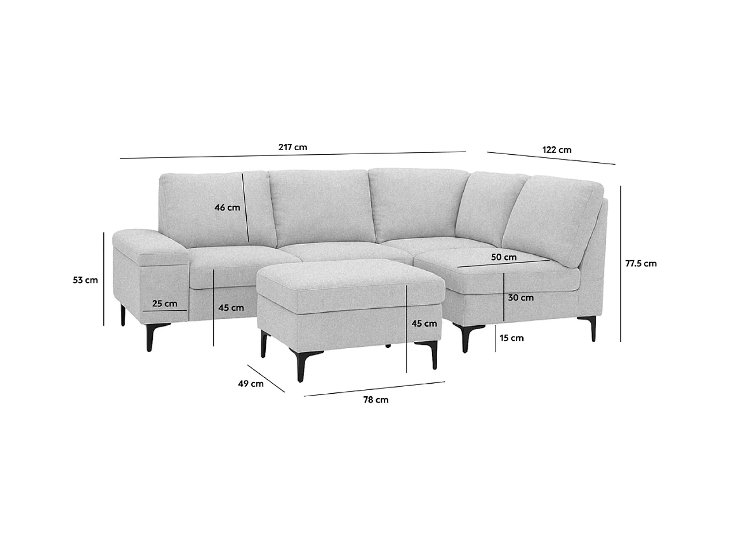 Ecksofa 4/5-Sitzer aus beigem Chenille-Stoff mit Hocker - Bequem und modern - Holz und Metall - Abnehmbar