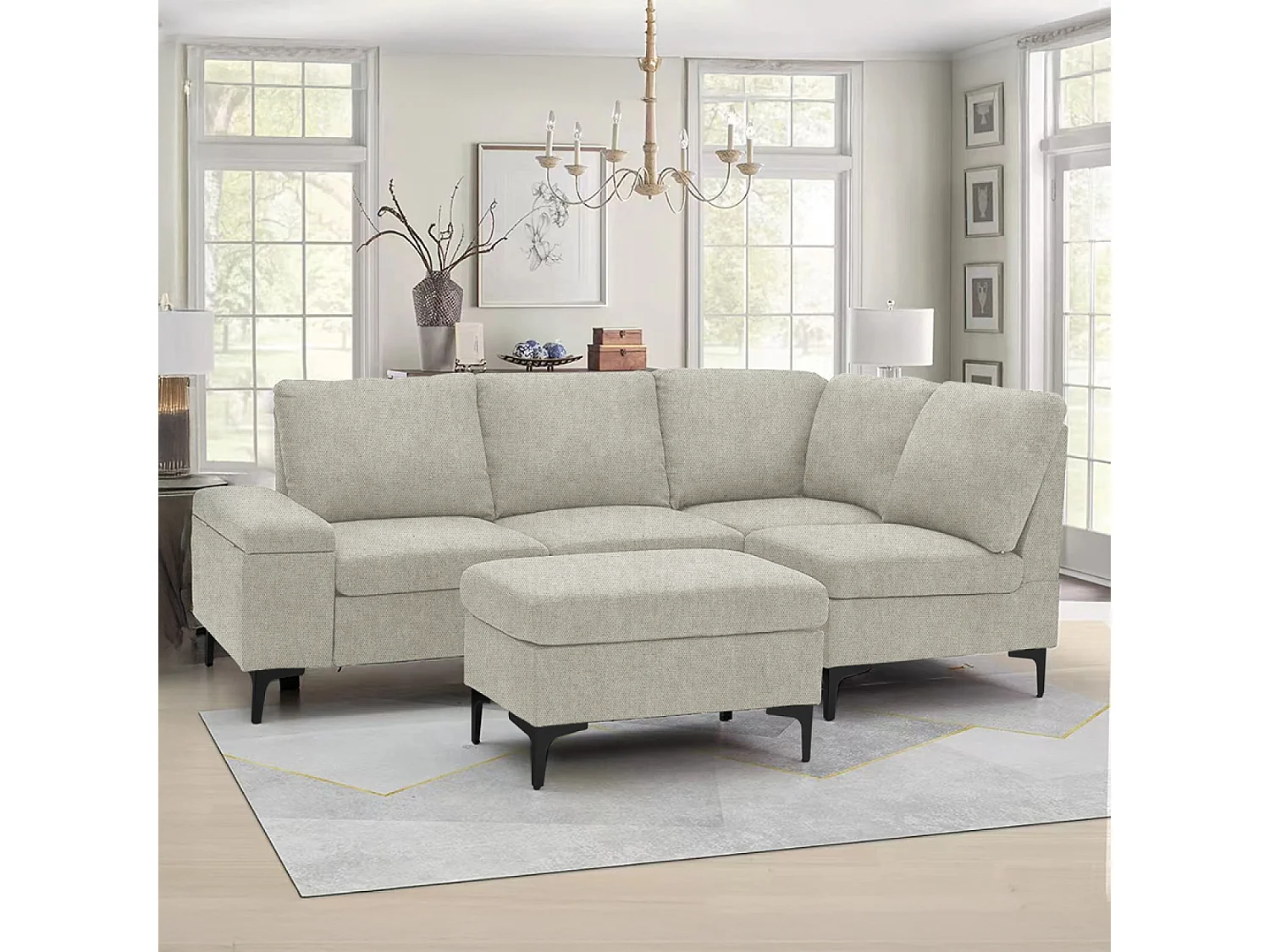 Canapé d'angle 4-5 places en tissu chenille beige avec pouf COLCHESTER