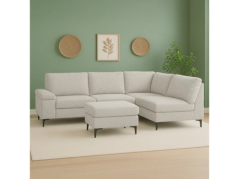 Canapé d'angle 4-5 places en tissu chenille beige avec pouf COLCHESTER