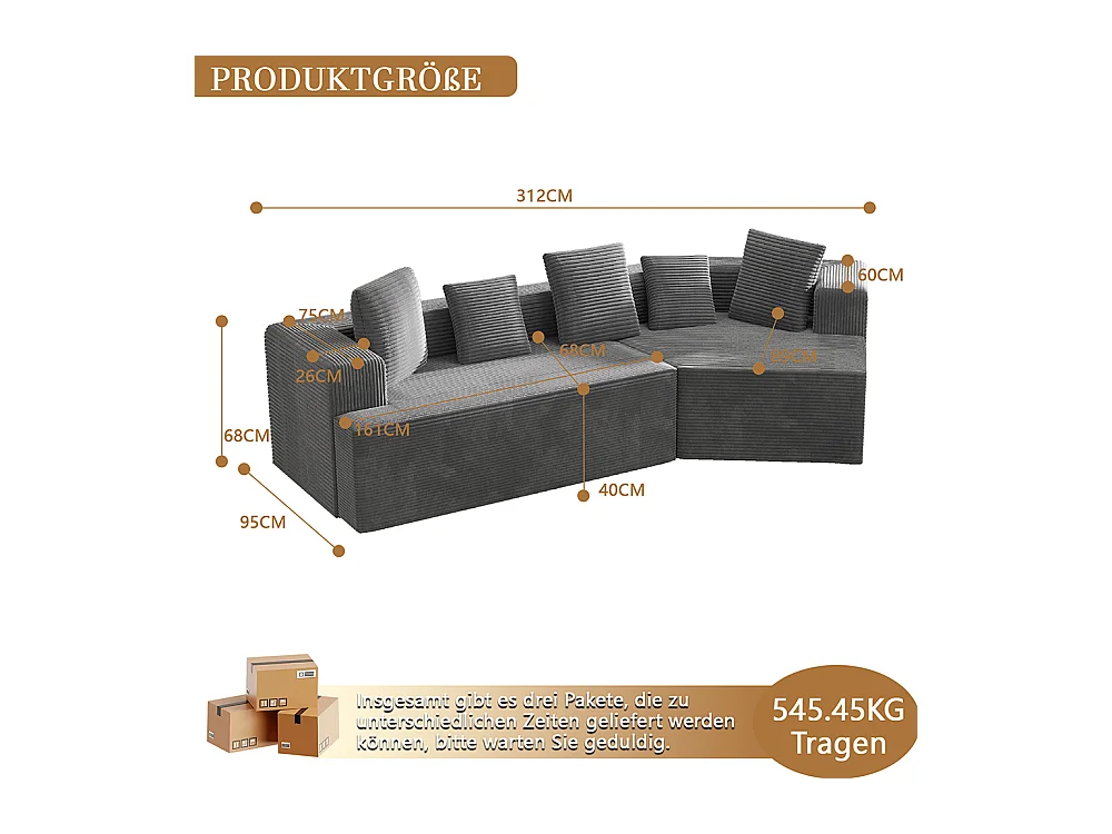 Canapé 3 places en tissu avec nuages Canapé combiné canapé modulaire emballage entièrement compressé sans montage gris