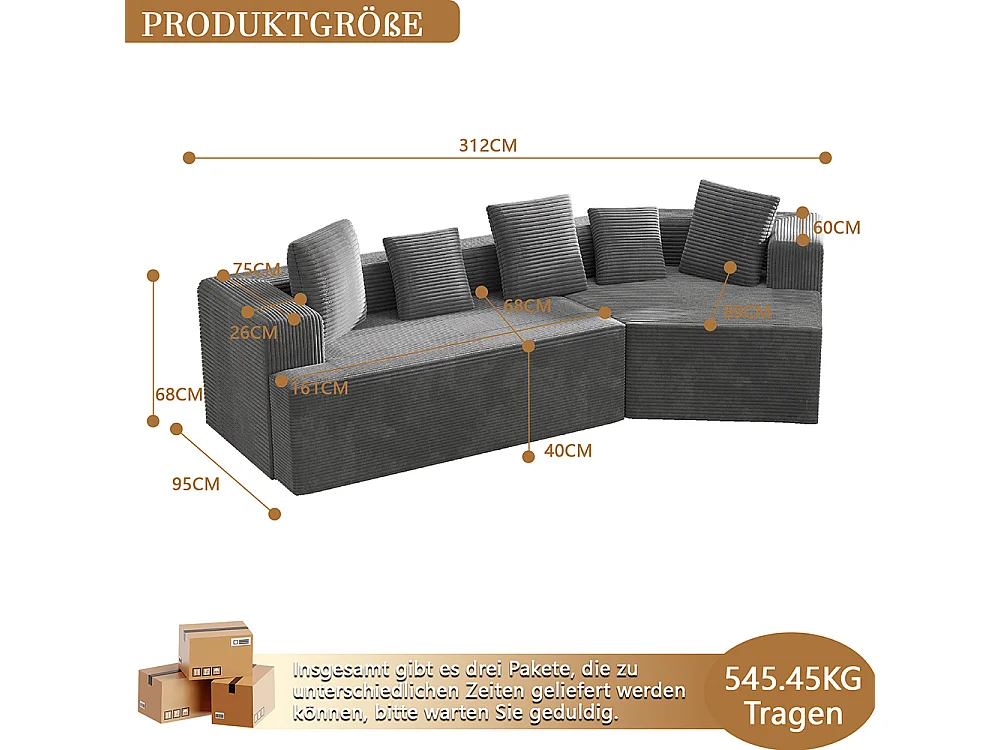 3-zitsbank in stof met wolken Combinatiebank modulaire bank volledig gecomprimeerde verpakking zonder montage grijs