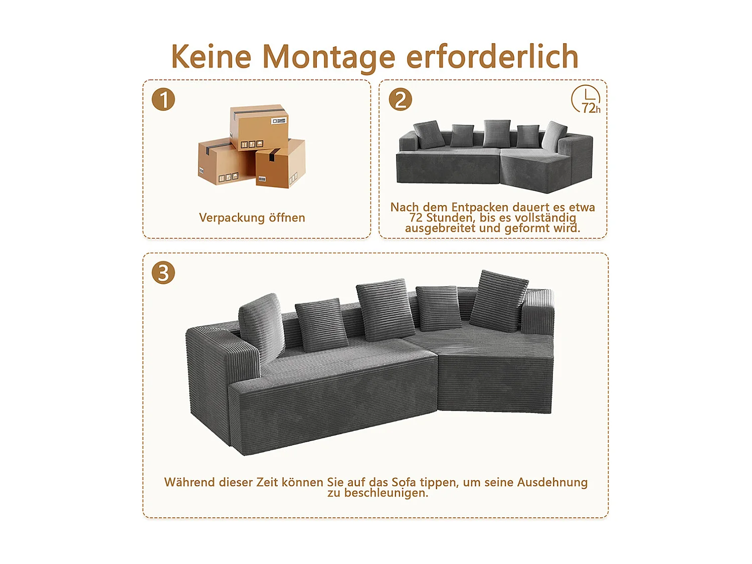 3-zitsbank in stof met wolken Combinatiebank modulaire bank volledig gecomprimeerde verpakking zonder montage grijs