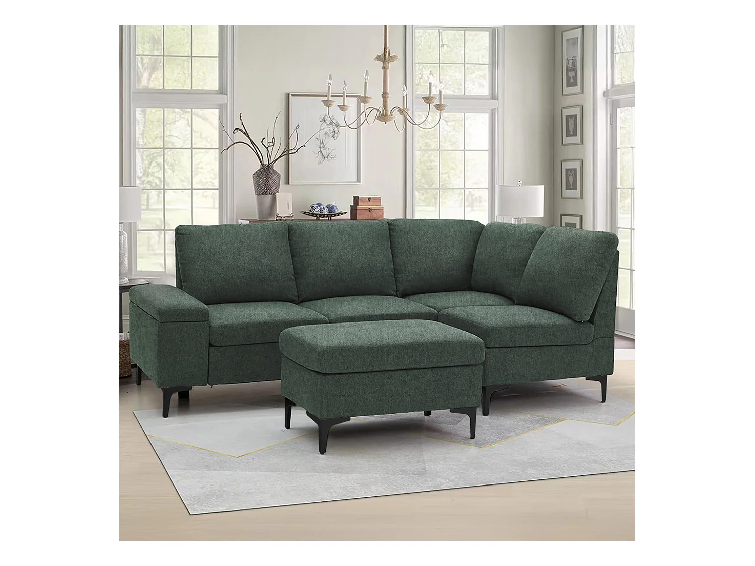 Ecksofa 4/5-Sitzer aus grünem Chenille-Stoff mit Hocker KONEKT - Bequem, modular, zeitgenössisches Design