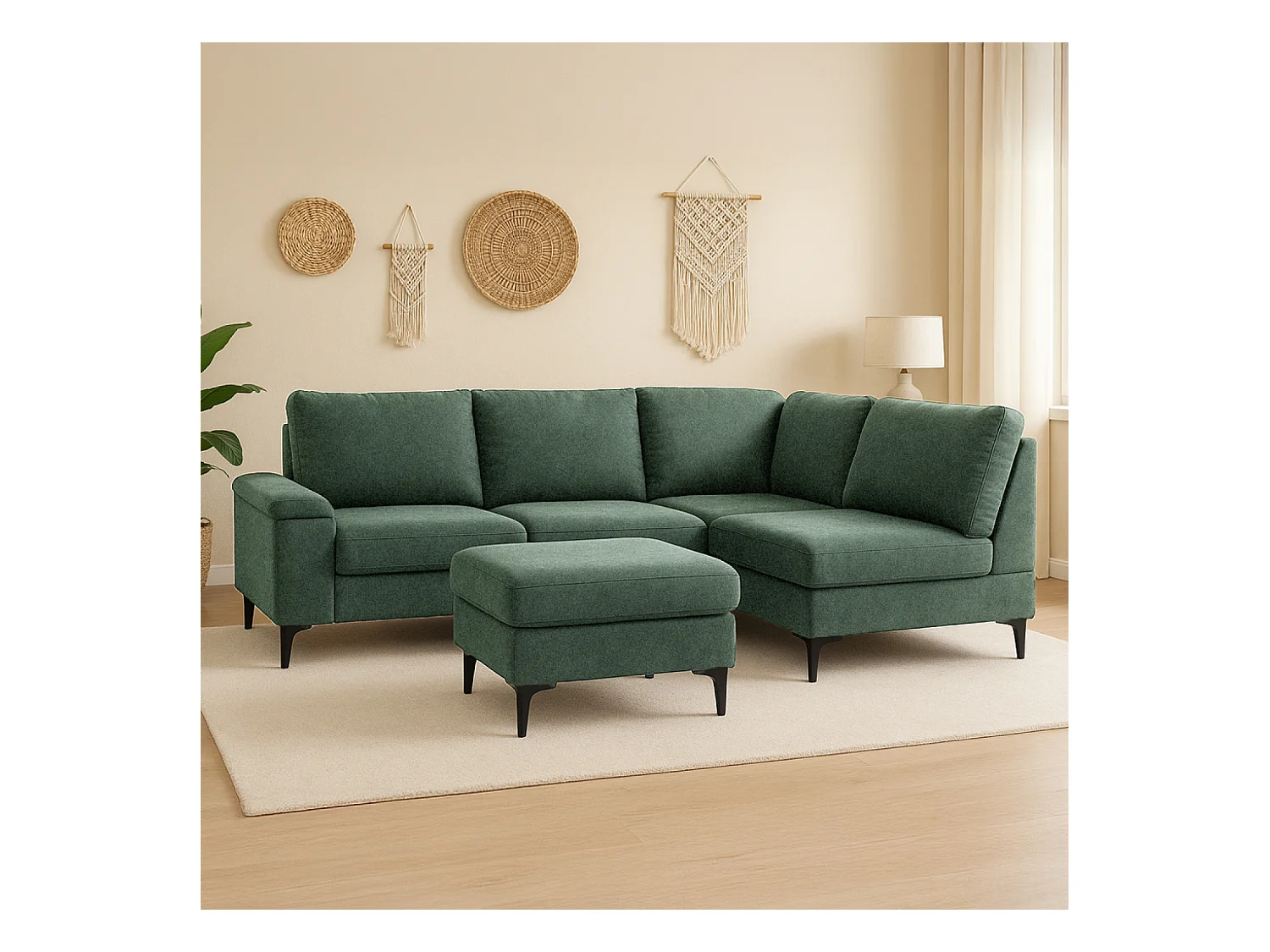 Canapé d'angle 4-5 places en tissu chenille vert avec pouf COLCHESTER