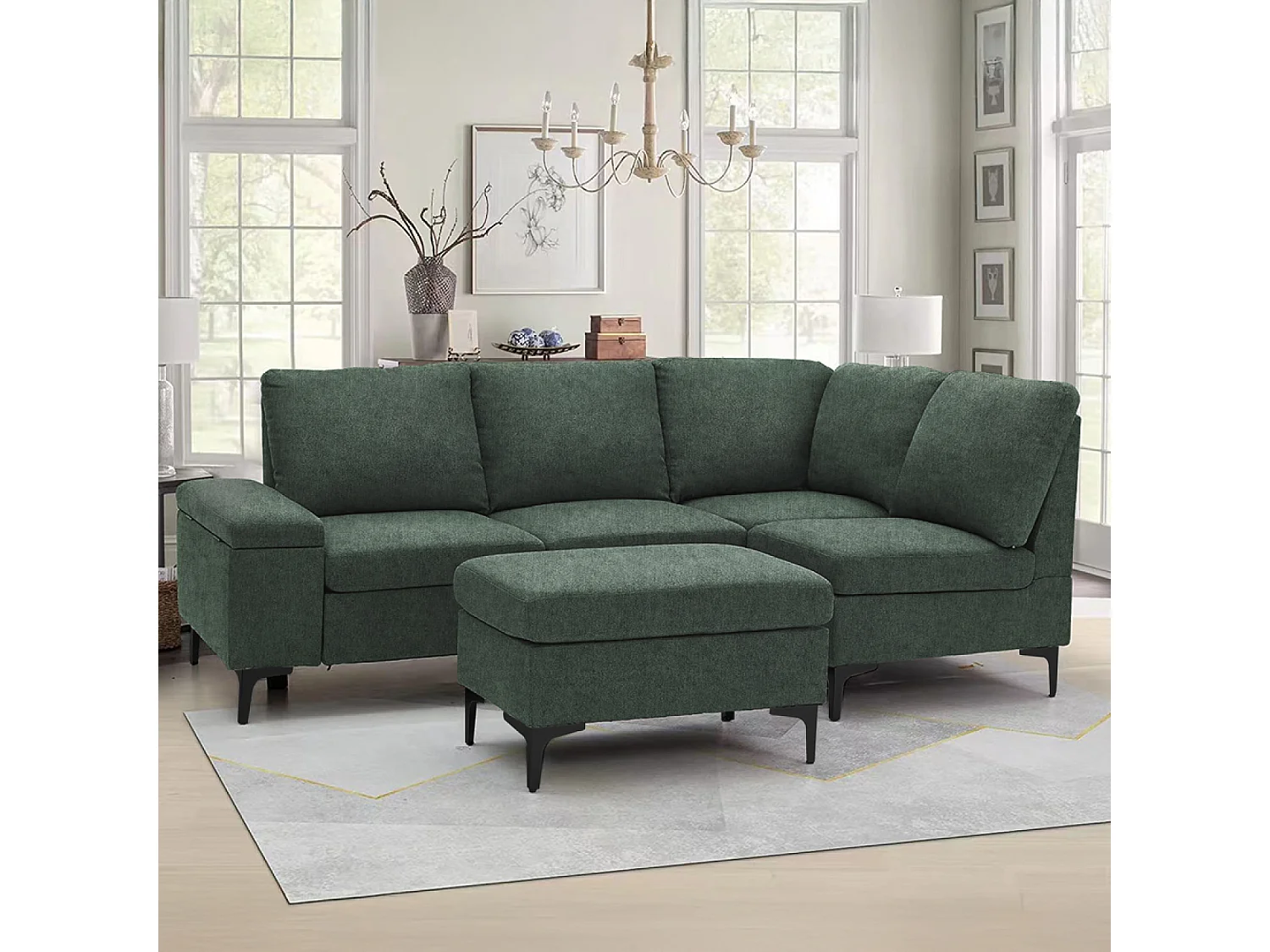 Sofá de canto 4/5 lugares em tecido de chenille verde com pufe KONEKT - Confortável, modular, design contemporâneo