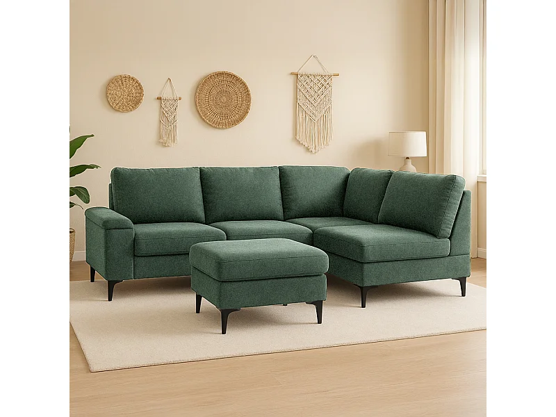 Sofá de canto 4/5 lugares em tecido de chenille verde com pufe KONEKT - Confortável, modular, design contemporâneo