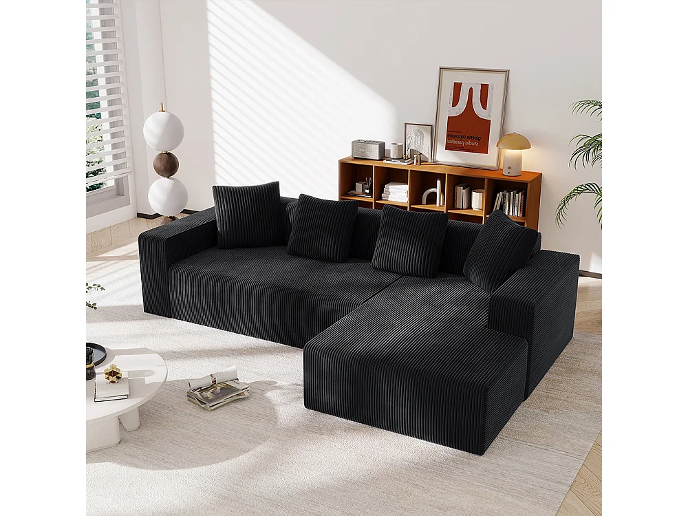 Hoekbankcombinatie Cloud met L-vormige ligstoelen, moderne modulaire bank met diepe zittingen, gestoffeerde bank in zwart