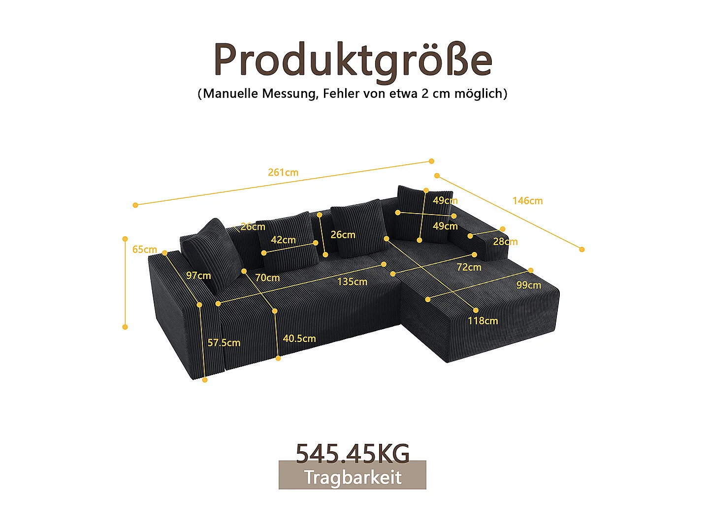 Hoekbankcombinatie Cloud met L-vormige ligstoelen, moderne modulaire bank met diepe zittingen, gestoffeerde bank in zwart
