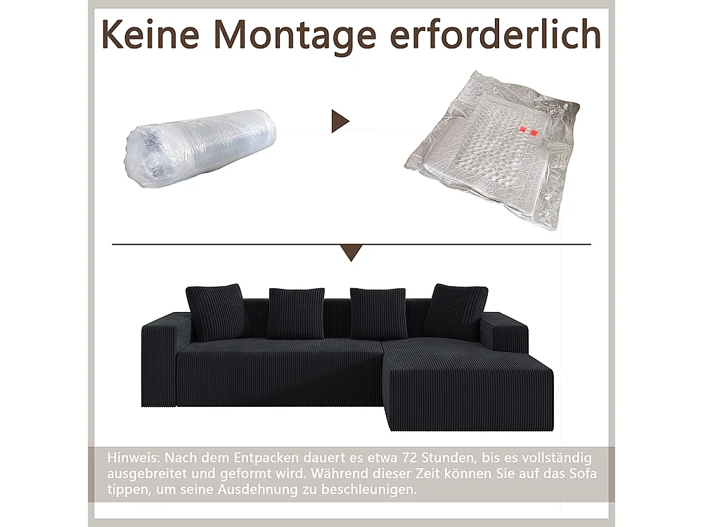 Hoekbankcombinatie Cloud met L-vormige ligstoelen, moderne modulaire bank met diepe zittingen, gestoffeerde bank in zwart