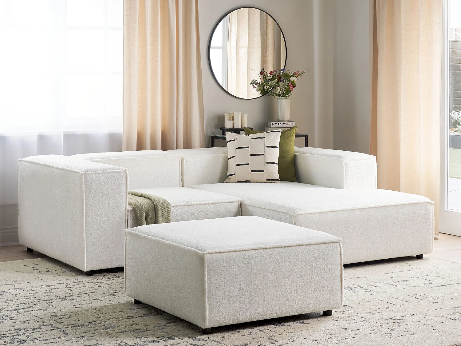 Canapé d'angle modulable 2 places ARDAL Bouclé Blanc cassé avec ottoman Côté droite