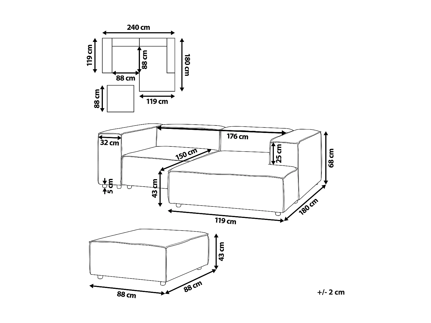 Modulaire tweezitsbank met ottomaan bouclé wit linkszijdig APRICA