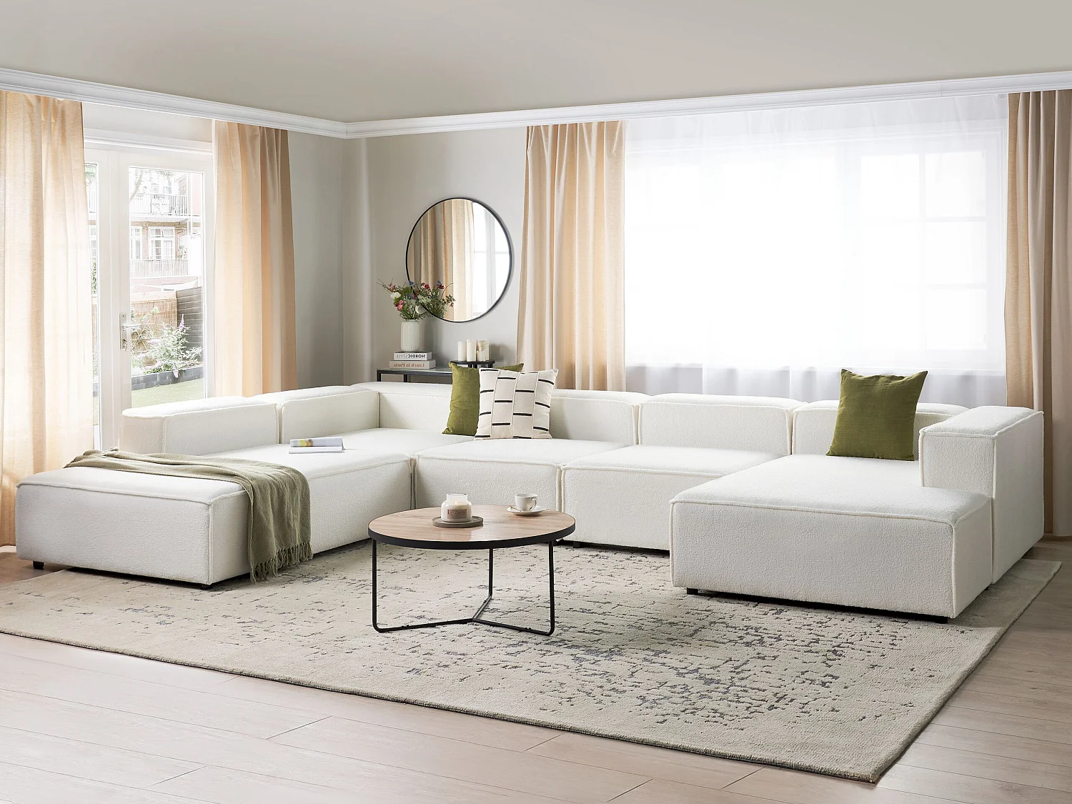 Canapé d\'angle modulable 5 places ARDAL Bouclé Blanc cassé Côté droit