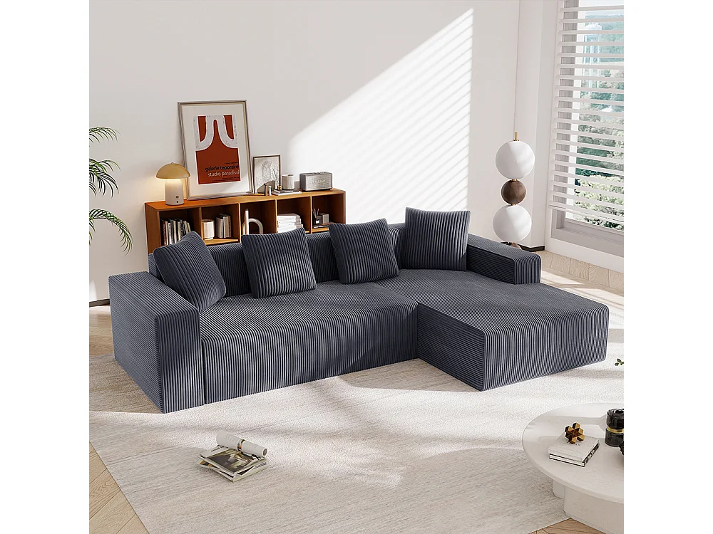 Hoekbankcombinatie Cloud met L-vormige ligstoelen, moderne modulaire bank met diepe zittingen, grijze gestoffeerde bank